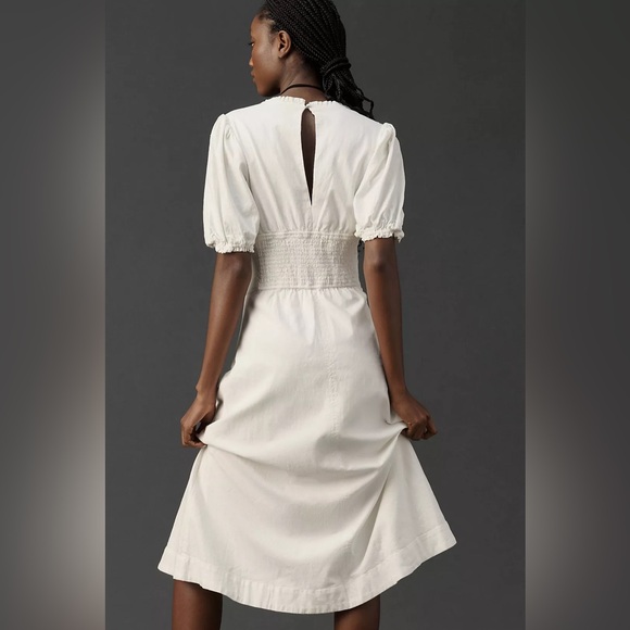 Maeve Anthropologie Puff-Sleeve Corset Linen Midi Dress - White Size Large - Picture 4 of 16